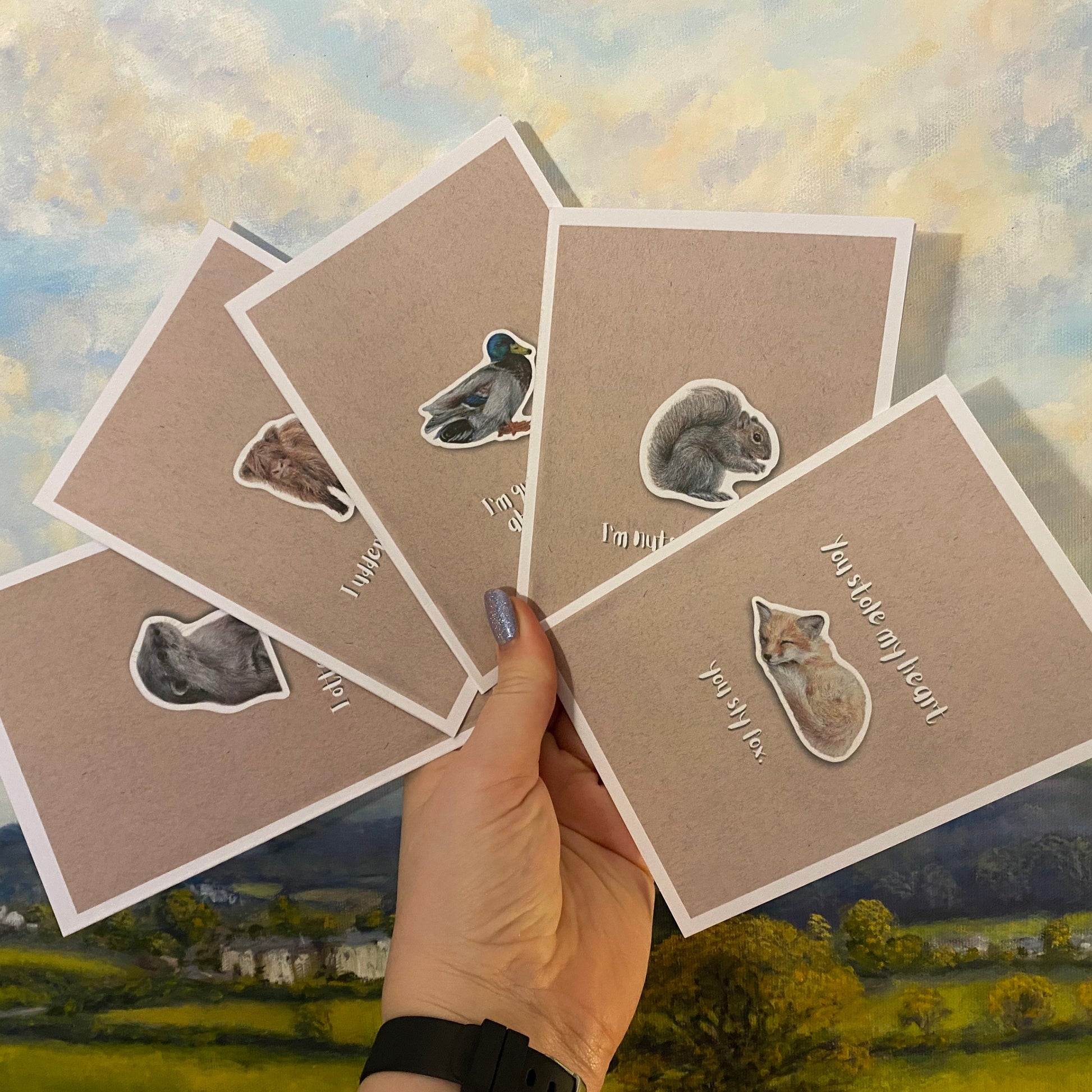 cute pun ainimal greetings cards with otter, fox, highland cow calf, squirrel and duck for Valentine's day