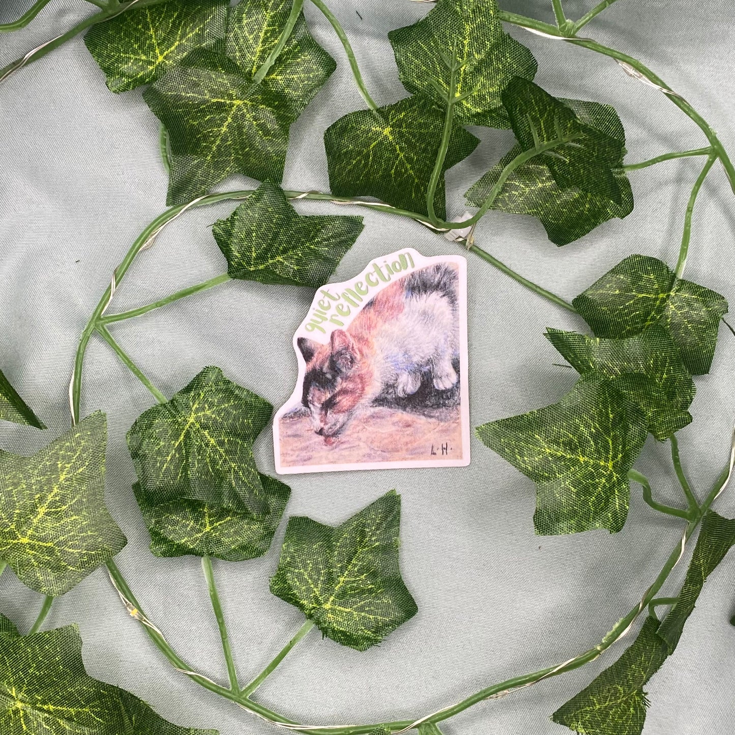 Drinking Calico Cat Illustrated Laminated Sticker | Quiet Reflection