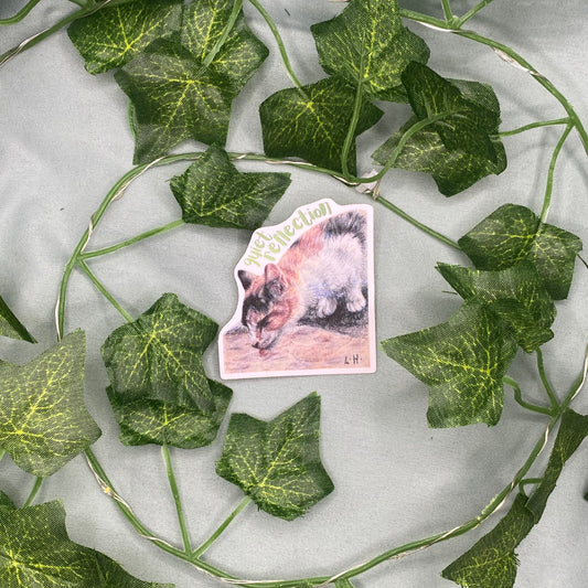 Drinking Calico Cat Illustrated Laminated Sticker | Quiet Reflection
