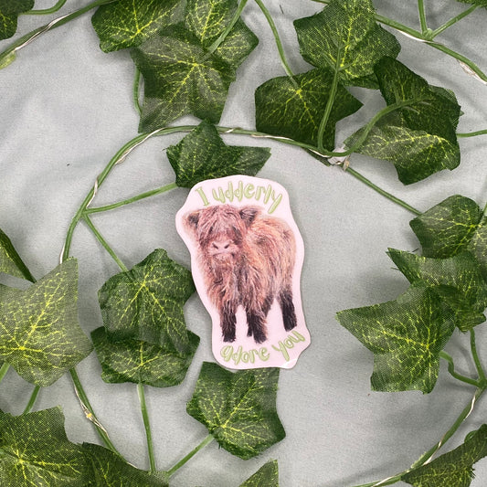 Highland Cow Calf Illustrated Laminated Sticker | I Udderly Adore You